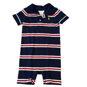 Ralph Lauren Baby Striped Polo Romper  Cotton Navy Red White Classic Preppy 9M